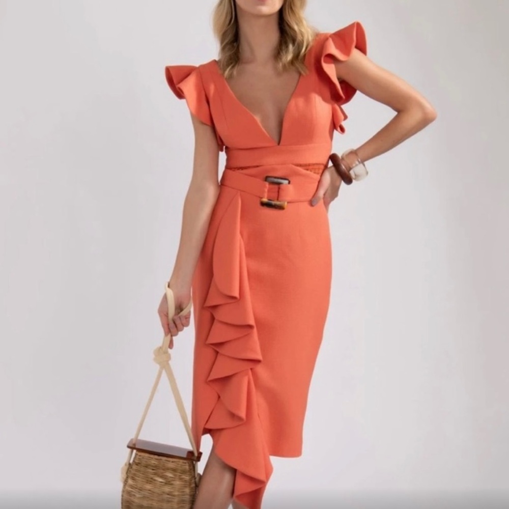 NWT Patbo Hot Orange Belted MIDI Dress